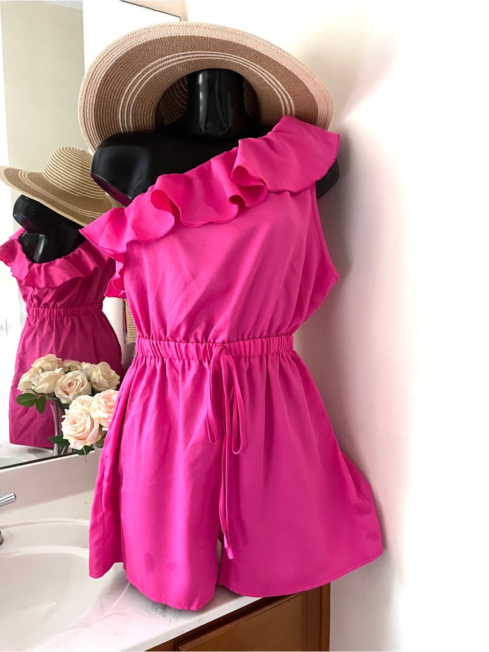 Hot Pink One-Shoulder Ruffle Romper size LARGE off shoulder jumpsuit